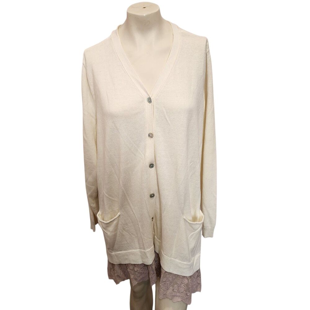LOGO Lori Goldstein Cardigan 3X Ivory Lace Hem Button Front Pockets Plus